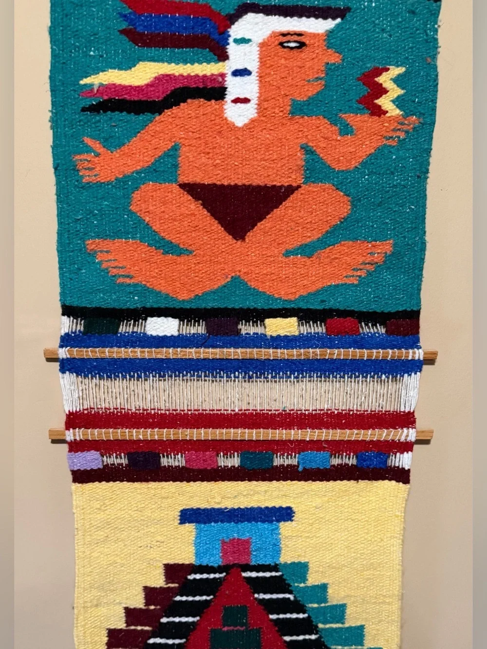 Vintage Mayan Aztec Tapestry Wall Hanging Handwoven Wool Boho Folk Art